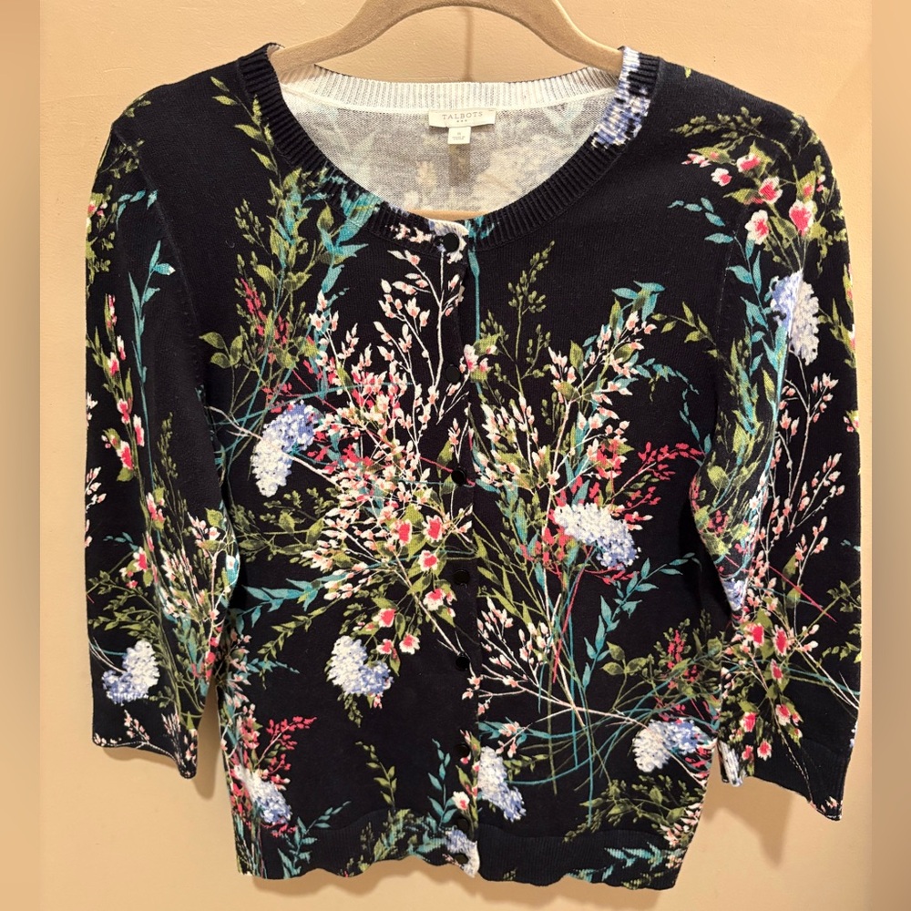 NWOT Talbots Charming Cardigan Black 100% Cotton  Abstract Floral Women’s Small